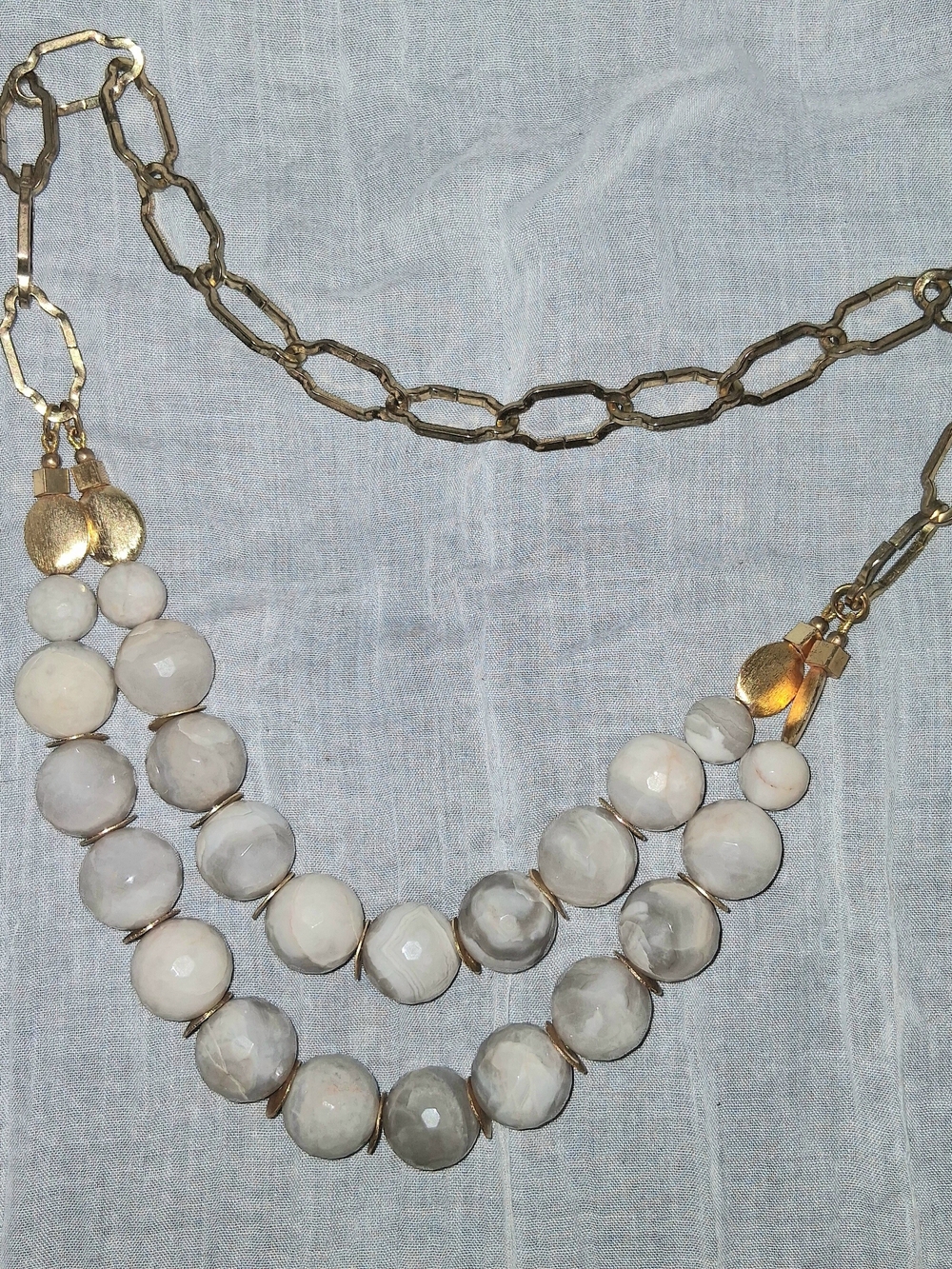Gold Chain Necklace with White Beaded Double Strand